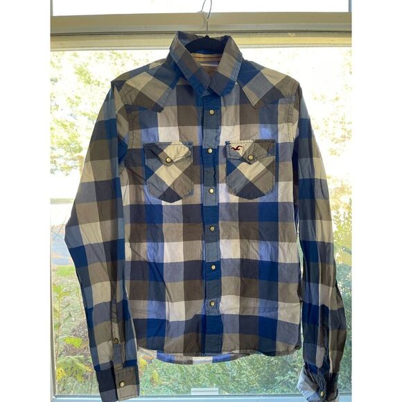 Hollister mens blue-white checkered plaid long sleeve button down shirt - size M - Picture 1 of 4